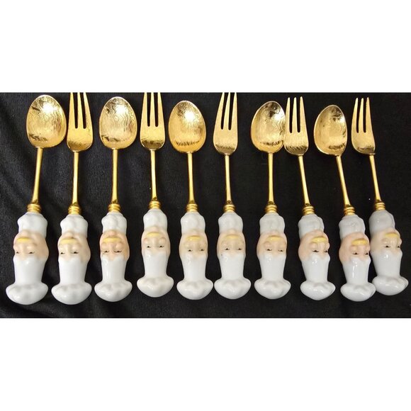 10 Gold Plated Fork & Spoons Chef Hat Porcelain Handles - Picture 2 of 5